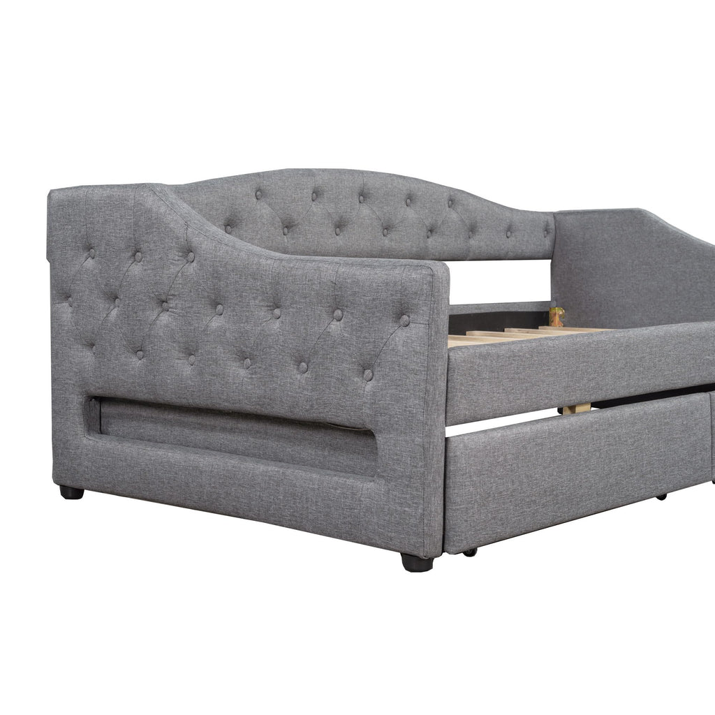 Merax Twin XL Size Modern Upholstered Platform Bed with 2 Drawers, Linen Sofa Daybed with Wood Slat Support, Storage Bed Frame, Space Saving/Gray