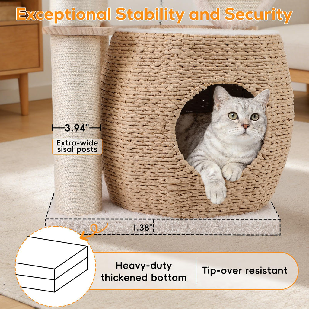 EMUST Luxury Modern Cat Tree Tower 50IN - Heavy-Duty Multi-Level Cat Condo with Extra-Large Hand-Woven Rattan Bed & Thickened Scratching Post for Indoor Cats Large Adult
