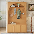 Ball & Cast Farmhouse Hall Tree with Storage Bench, 48.7" Arched Entryway Coat Rack Organizer with 4 Metal Hooks, 3 Cabinets, Adjustable Shelves, Wooden Mudroom Bench for Hallway, Natural