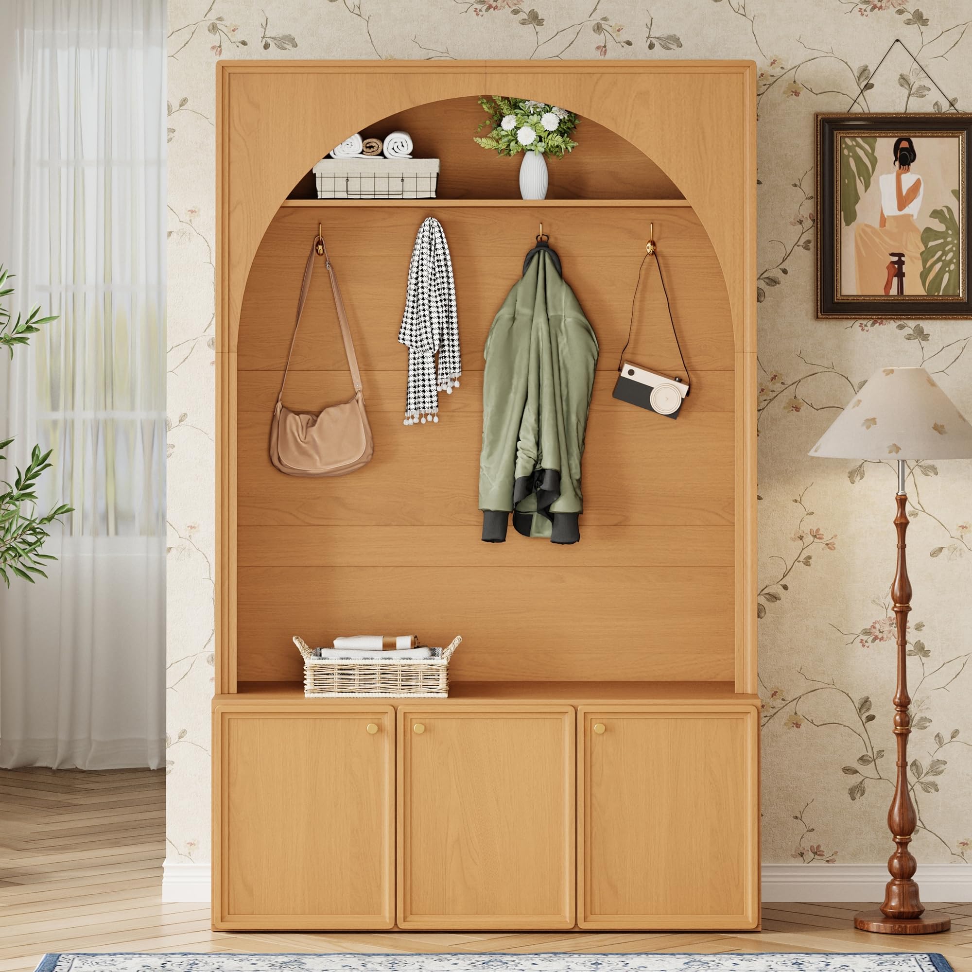 Ball & Cast Farmhouse Hall Tree with Storage Bench, 48.7" Arched Entryway Coat Rack Organizer with 4 Metal Hooks, 3 Cabinets, Adjustable Shelves, Wooden Mudroom Bench for Hallway, Natural