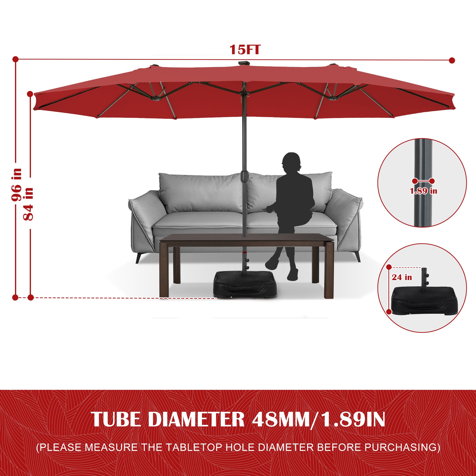 Sundale Outdoor Solar 15 ft 144 LED Olefin 5-Year-Non-Fading Patio Umbrella with Sandbag Base Included and Cover, Outdoor Double-Sided Umbrella with Lights, Red
