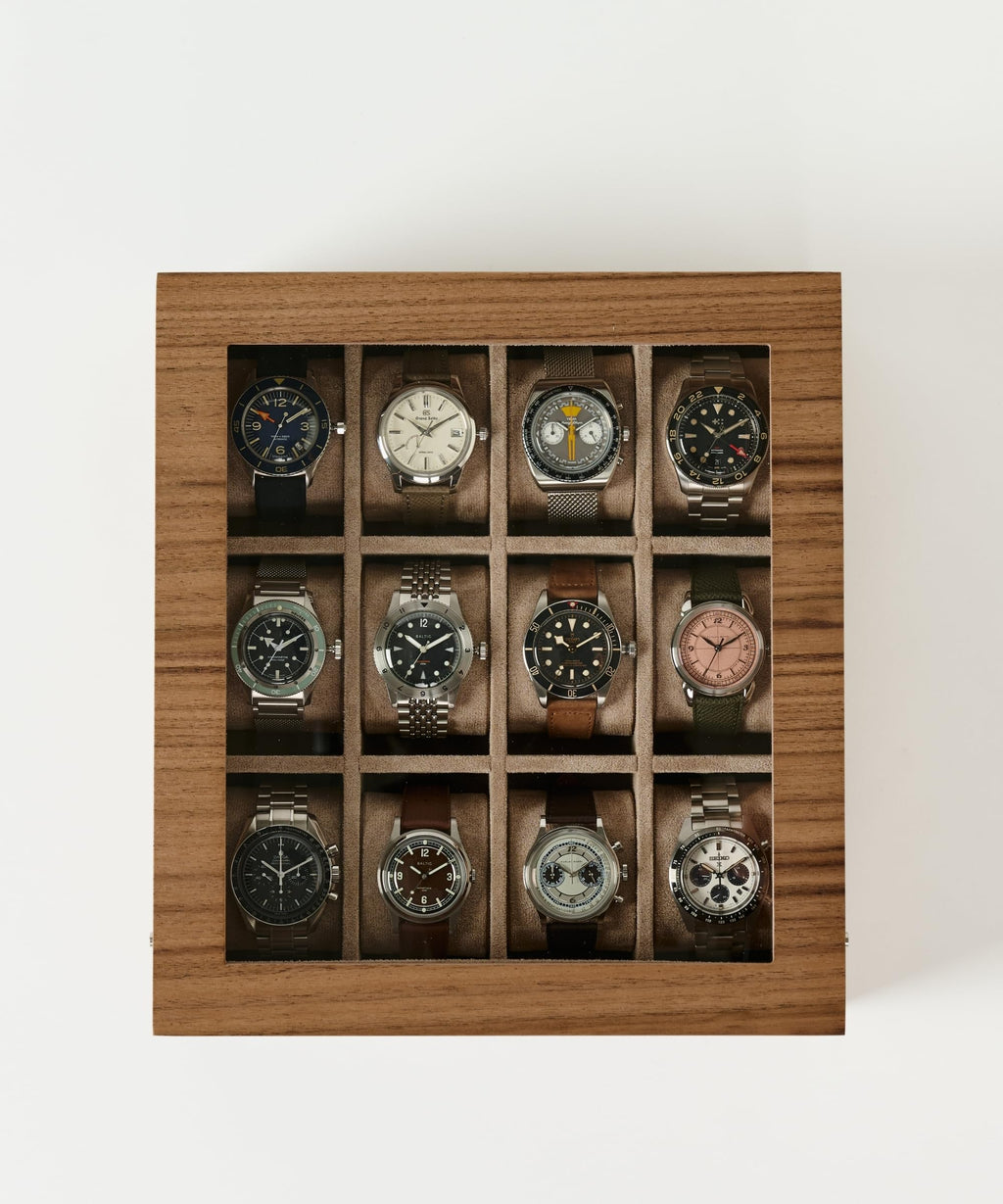 TAWBURY Wooden Watch Case - 12 Slot Wood Watch Box for Men & Women with Glass Display, Protective Fully Lined Interior and 2-inch Wide Pillows for Small & Large Watches (Classic Walnut)