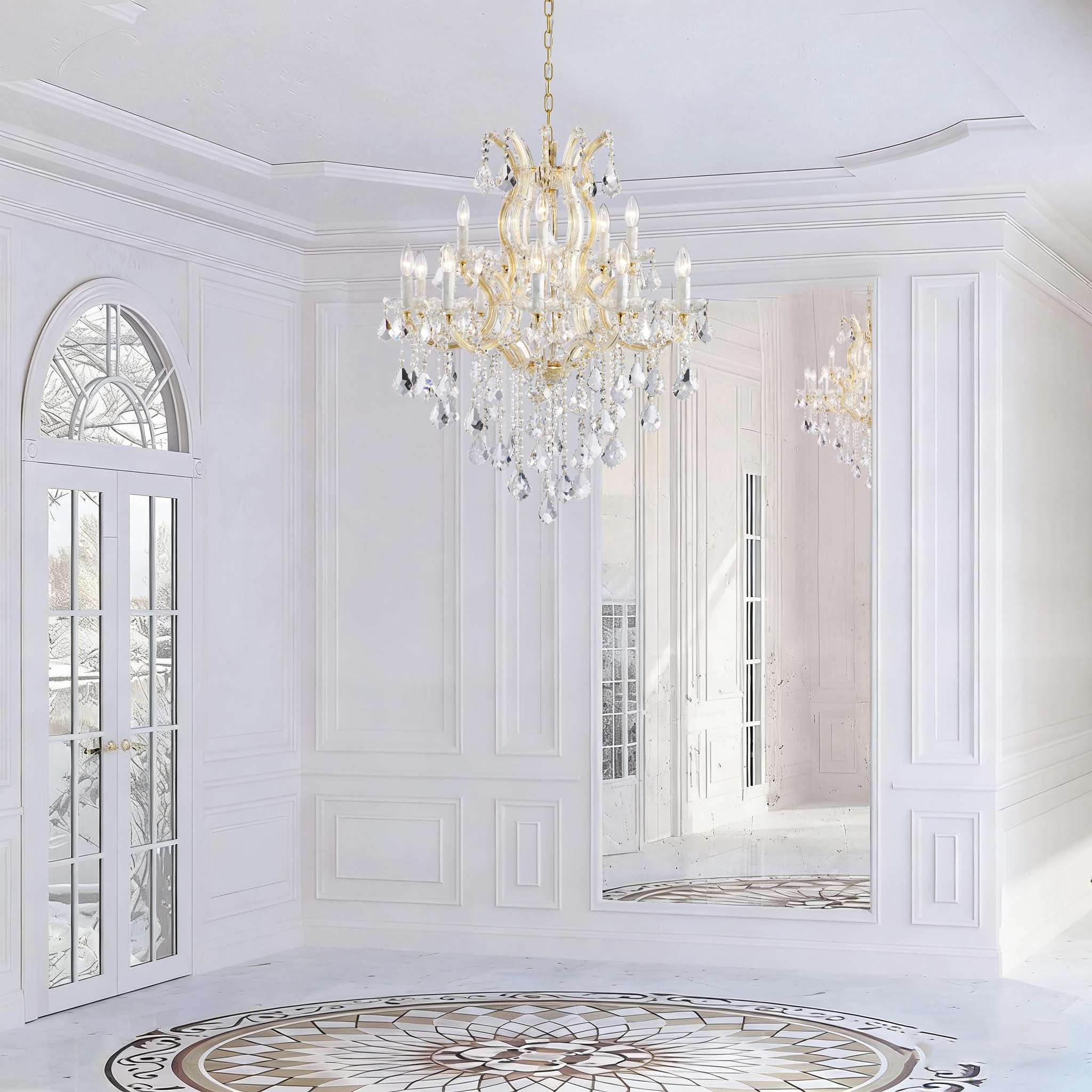 TMAFON Modern Gold Chandelier Light Fixture - Large Maria Theresa Crystal Chandeliers for Dining Room, Kitchen Island, Living Room, Bedroom, 15 Lights, 2 Layers