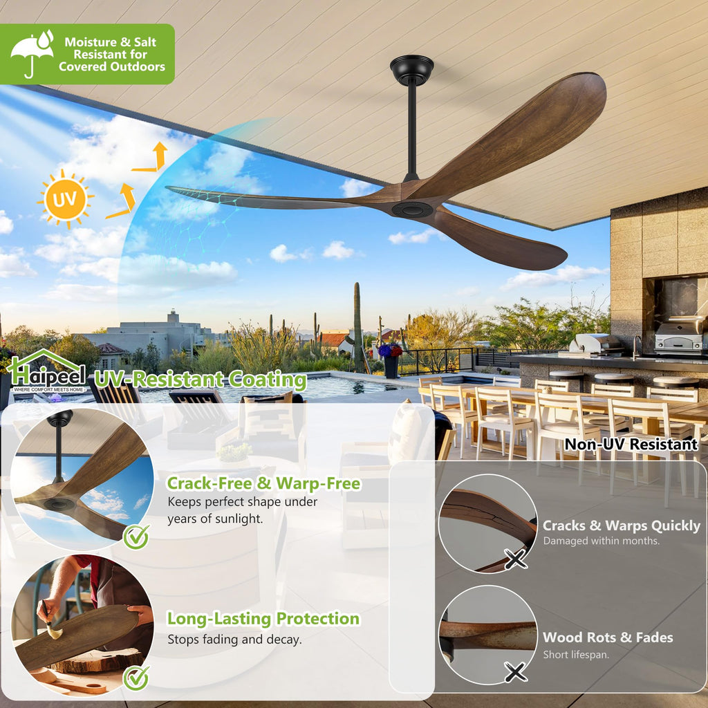 72 Inch Ceiling Fans without Lights, Wood Large Ceiling Fan no Light and Remote Control, Modern Indoor Outdoor Ceiling Fan no Light 3 Blade Propeller for Patios Farmhouse Garage High cfm, Dark Walnut