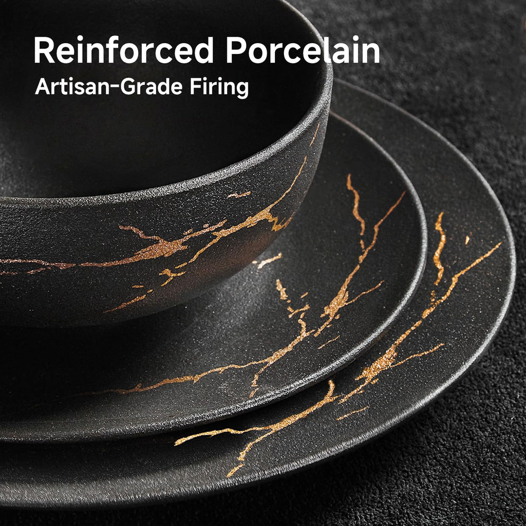KINGSTONE Porcelain Dinnerware Sets for 8 | 24 Piece Plates and Bowls Sets Kitchen Dishes Scratch Resistant Matte Black Gold Vein Dinner Salad Plate Dishware for Party Daily Wedding