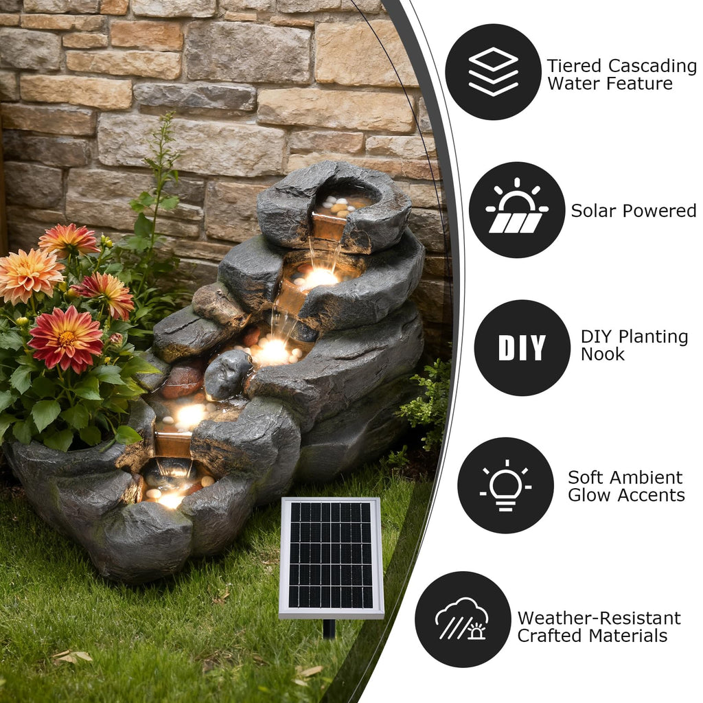 Pivotify 5-Tier Solar Water Fountain Outdoor, 38.2" L Rock Waterfall Fountains Solar Powered Floor Standing Outdoor Water Feature with LED Lights for Patio, Garden,Porch, Yard, Home Art Decor（Grey）