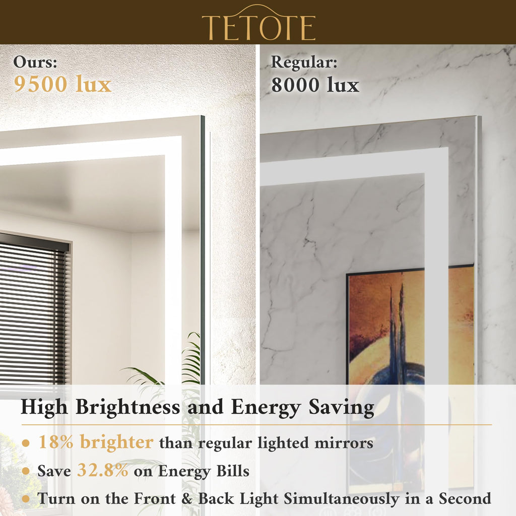 TETOTE 55 x 30 LED Bathroom Mirror with Frontlit and Backlit, Brighter Light up Bathroom Vanity Mirror with Lights, 3-Color Dimmable Lighted Vanity Anti Fog Mirror, Waterproof, Shatterproof