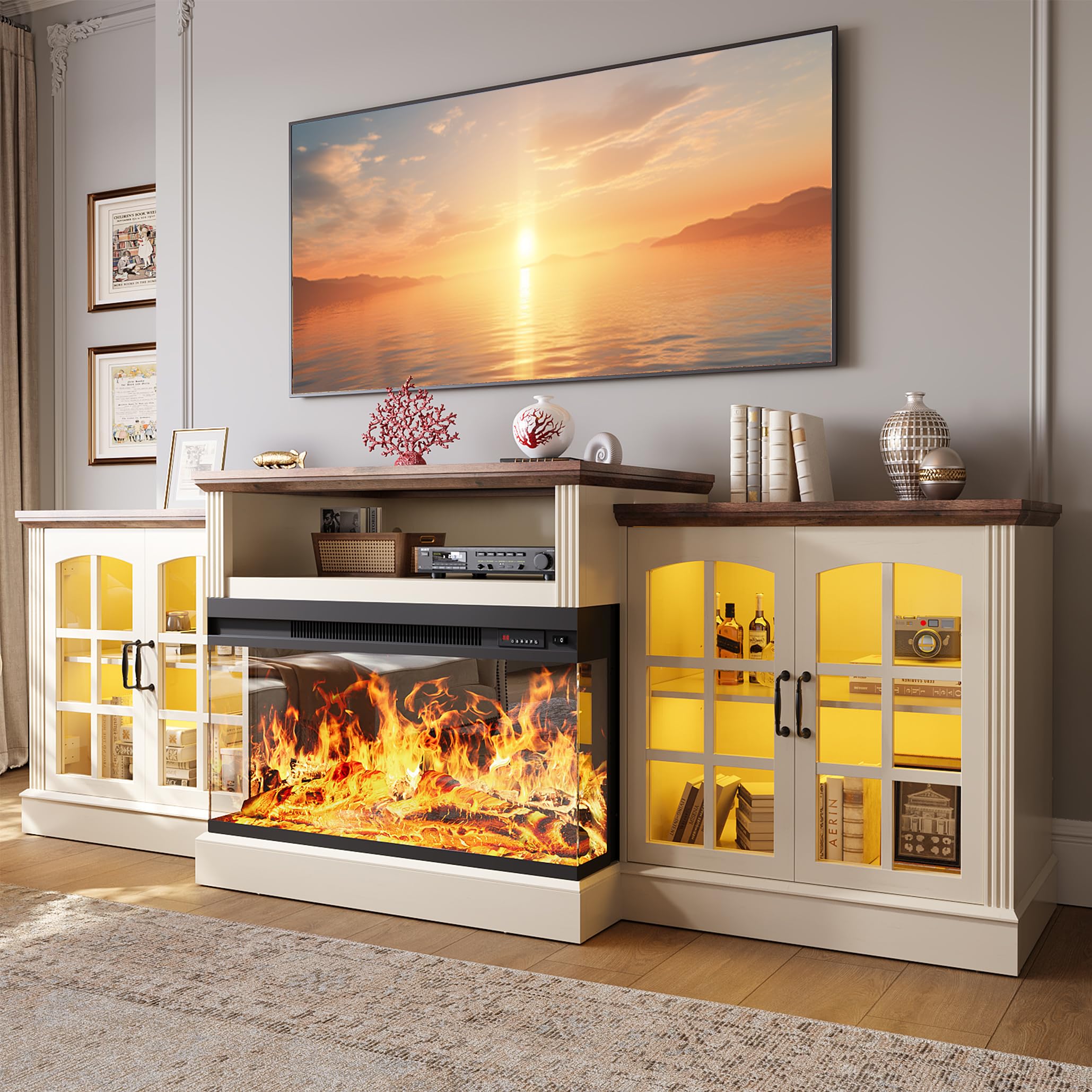 OneBlis 97" Fireplace TV Stand with 36" Electric Fireplace, Farmhouse Entertainment Center for TVs up to 100", Media Console Table with Large Storage Cabinets, for Living Room, White