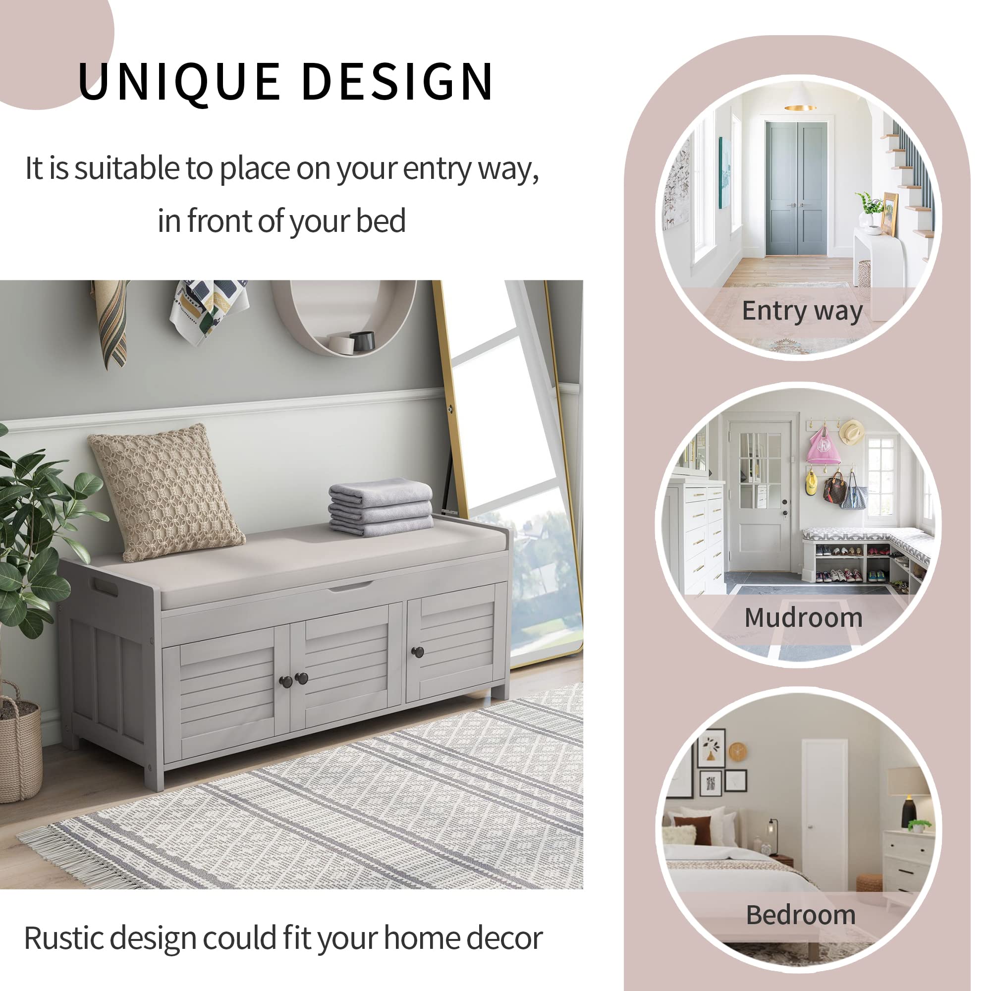 Bellemave Storage Bench with 3 Shutter-Shaped Doors and Flip-Open Storage Box, Shoe Rack for Entryway and Hallway,Shoe Bench with Adjustable Shelves Storage Space and Removable Seat Cushion, Gray Wash