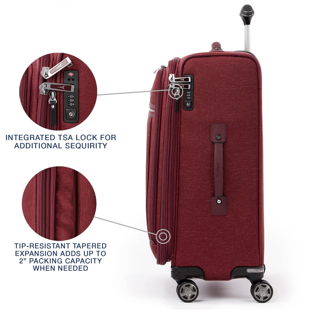 Travelpro Platinum Elite Softside Expandable Checked Luggage, 8 Wheel Spinner Suitcase, TSA Lock, Men and Women, Bordeaux Red, Checked Medium 25-Inch