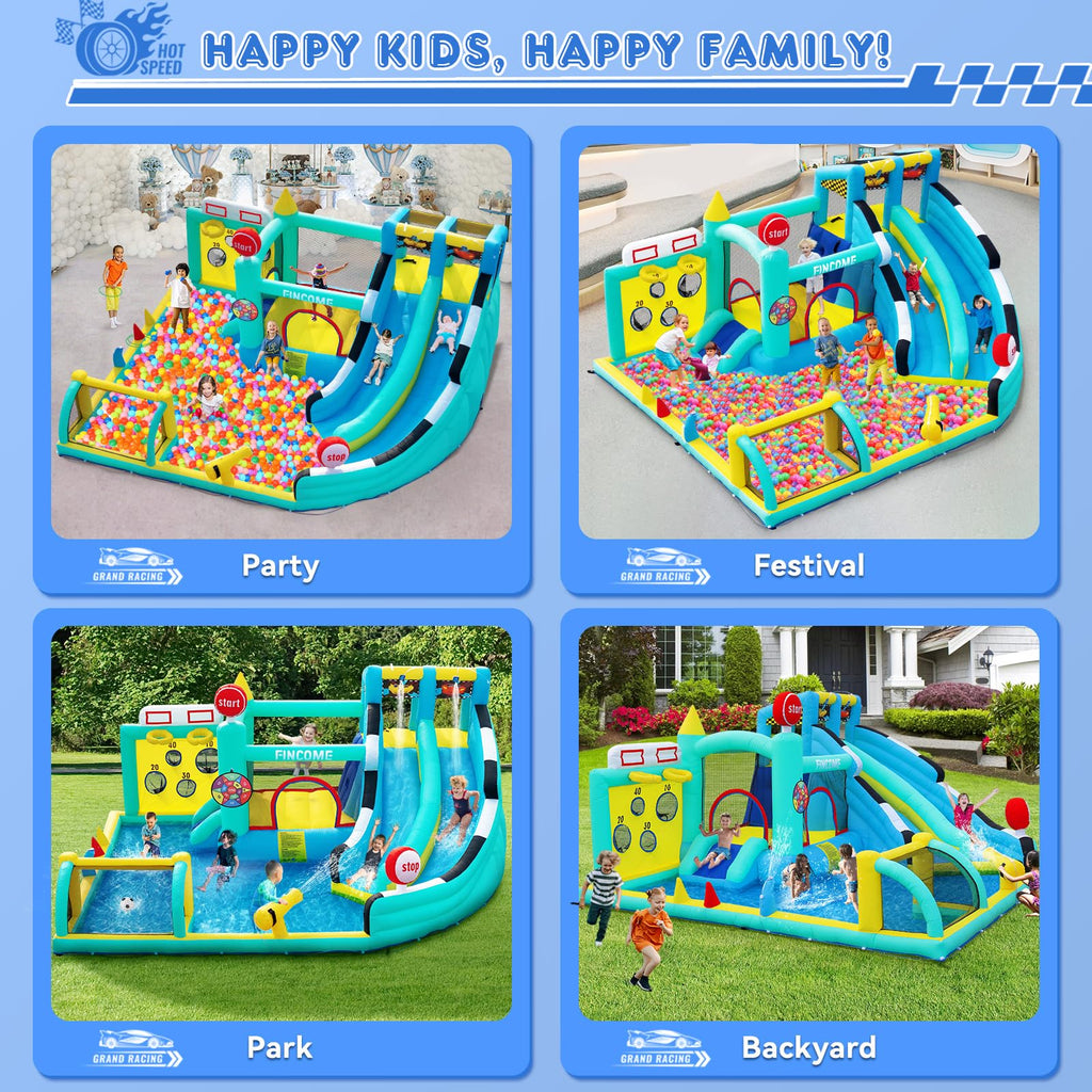 FINCOME Bounce House Double Slides for Kids 3-10, Large Bounce Castle with Air Blower 550W, Pool, Jumping, Climbing, Balls, Ring Toss, Inflatable Water Park for Birthday Party Holiday Outdoor Indoor