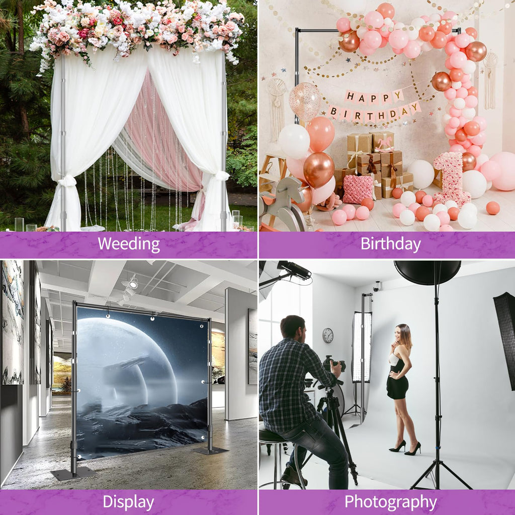 12x10 Pipe and Drape Stand Kit, Heavy Duty Backdrop Stand Adjustable, Sturdy Metal Back Drop Decoration Frame with Flat Base for Parties, Flower Wall, Wedding, Event,Trade Shows, Photo Shoot- Black
