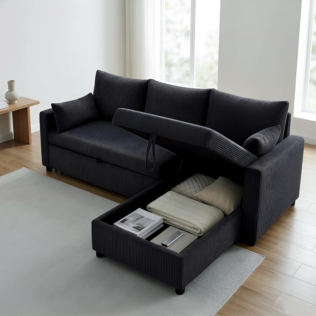 Trygoal Sectional Sleeper Sofa with Pull Out Bed, L Shape Convertible Sofa Bed Couch with Storage Chaise, 3 in 1 Pull Out Sofa Bed with 3 Seats for Living Room,Apartment, Black, 85Inch