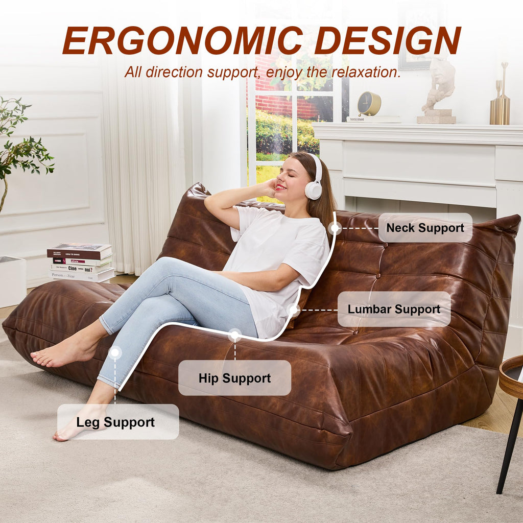 Hobestluk Bean Bag Chair Giant Bean Bag Sofa 3 Seater Bean Bag Chairs for Adults, Loveseat Floor Chair, Leather Bean Bag Chairs for Living Room Bedroom Office (Brown, 3-Seater)