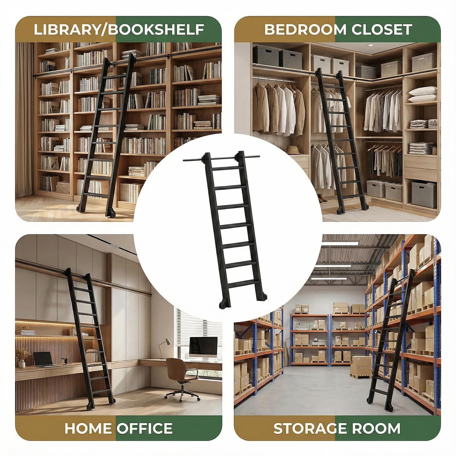 96" Rolling Library Metal Step Ladder, 8-Step Portable 330lb Heavy Duty Black Movable Ladder, 4FT Sliding Hardware Track Kit Bottom Wheel Included, for Kitchen, Loft, Warehouses and Bookstore