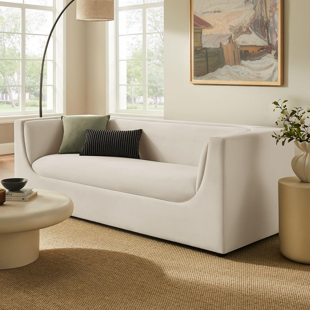 Modway Hilda 86 Inch Modern Curved Back Performance Velvet Sofa in Alabaster – Plush Upholstered 3-Seat Couch for Living Room, Apartment, Office