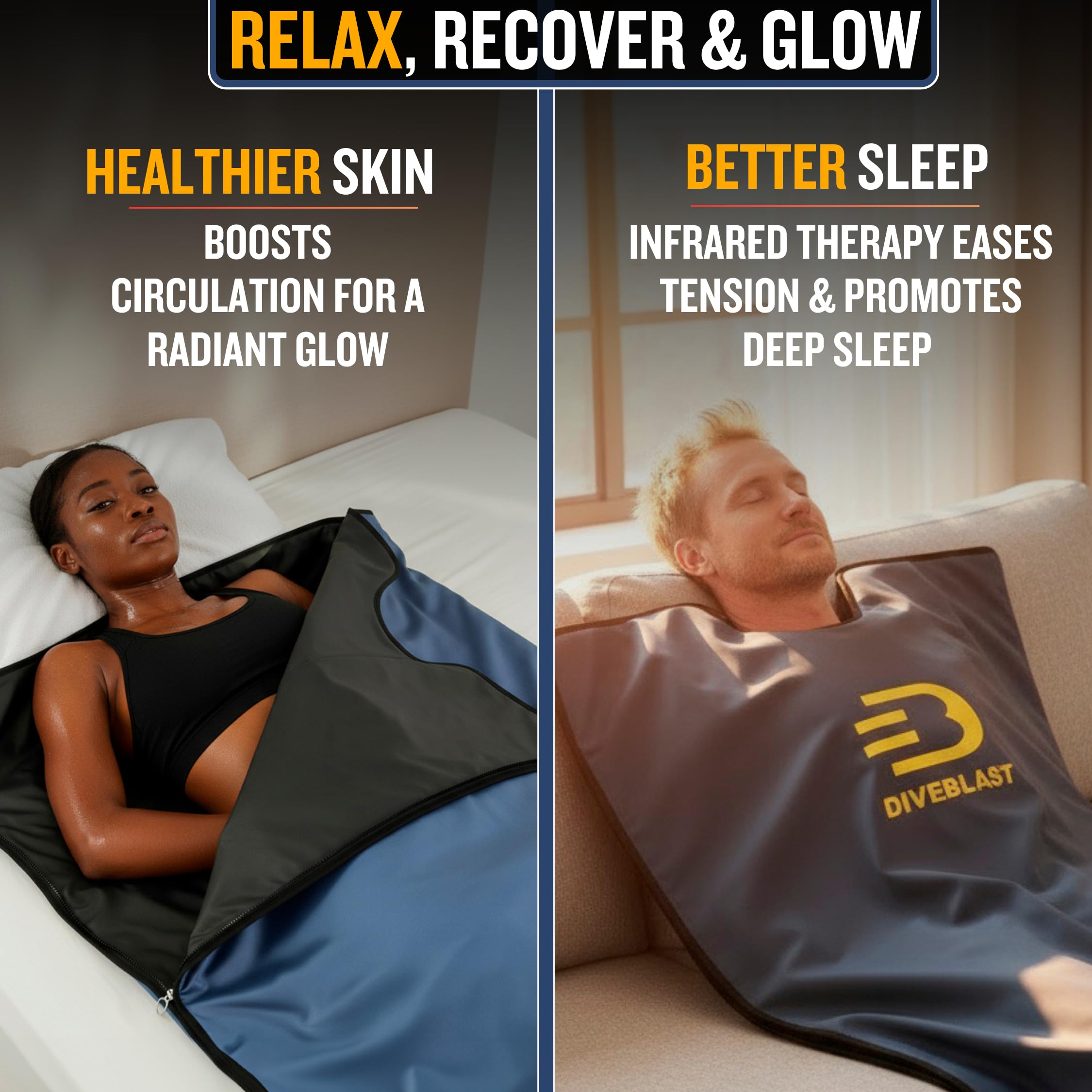 DIVEBLAST Near Zero EMF Far Infrared Sauna Blanket for Home — 71”x 35.6” Portable Infrared Sauna Bag for Weight Loss and Detox — Detoxify, Cleanse and Burn Up to 600 Calories per Session — Dark Blue
