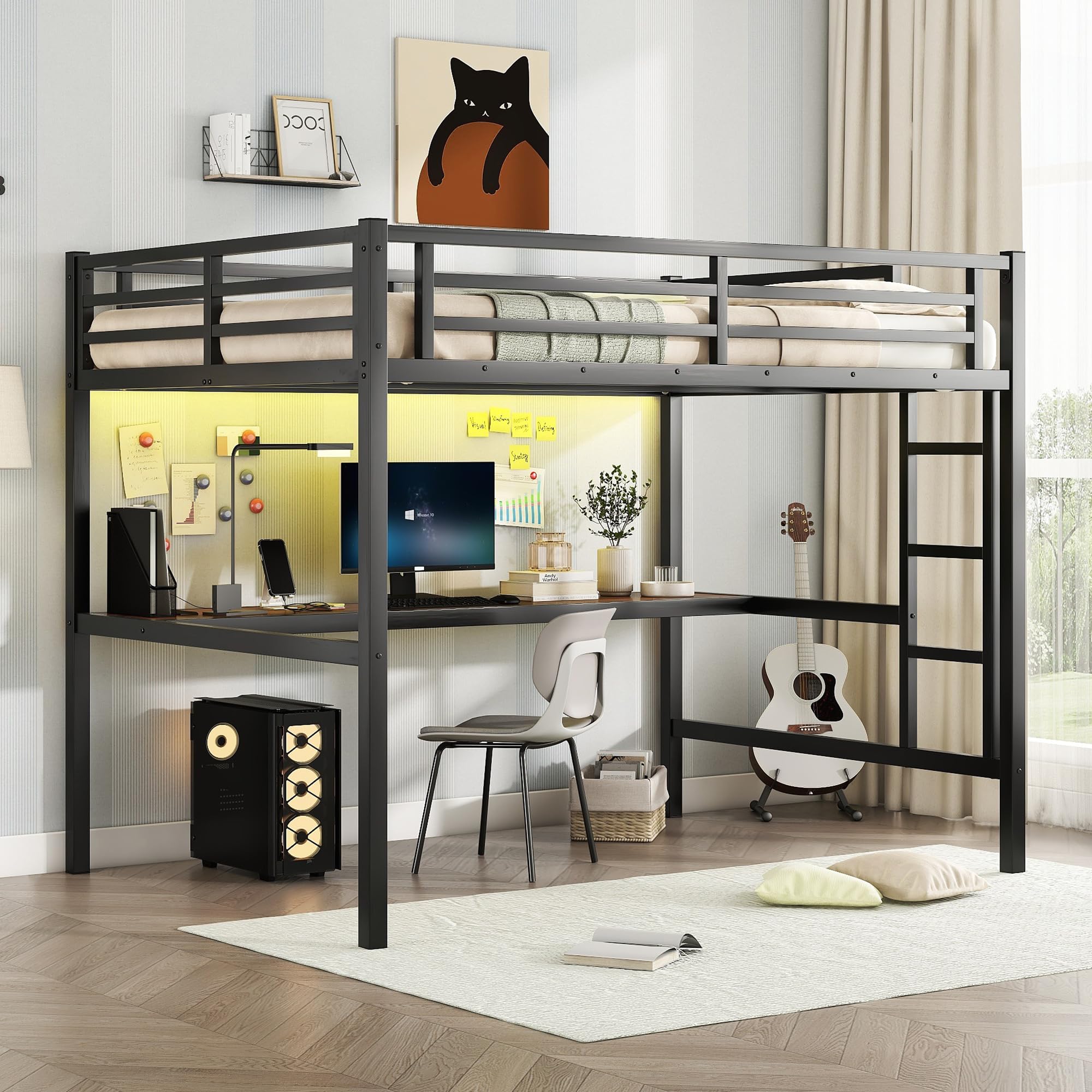 Bellemave Metal Full Size Loft Bed with Desk and Charging Station,Heavy Duty Loft Bed Frame with LED Lights and USB for Kids,Teens,Adults,Full Size,Black