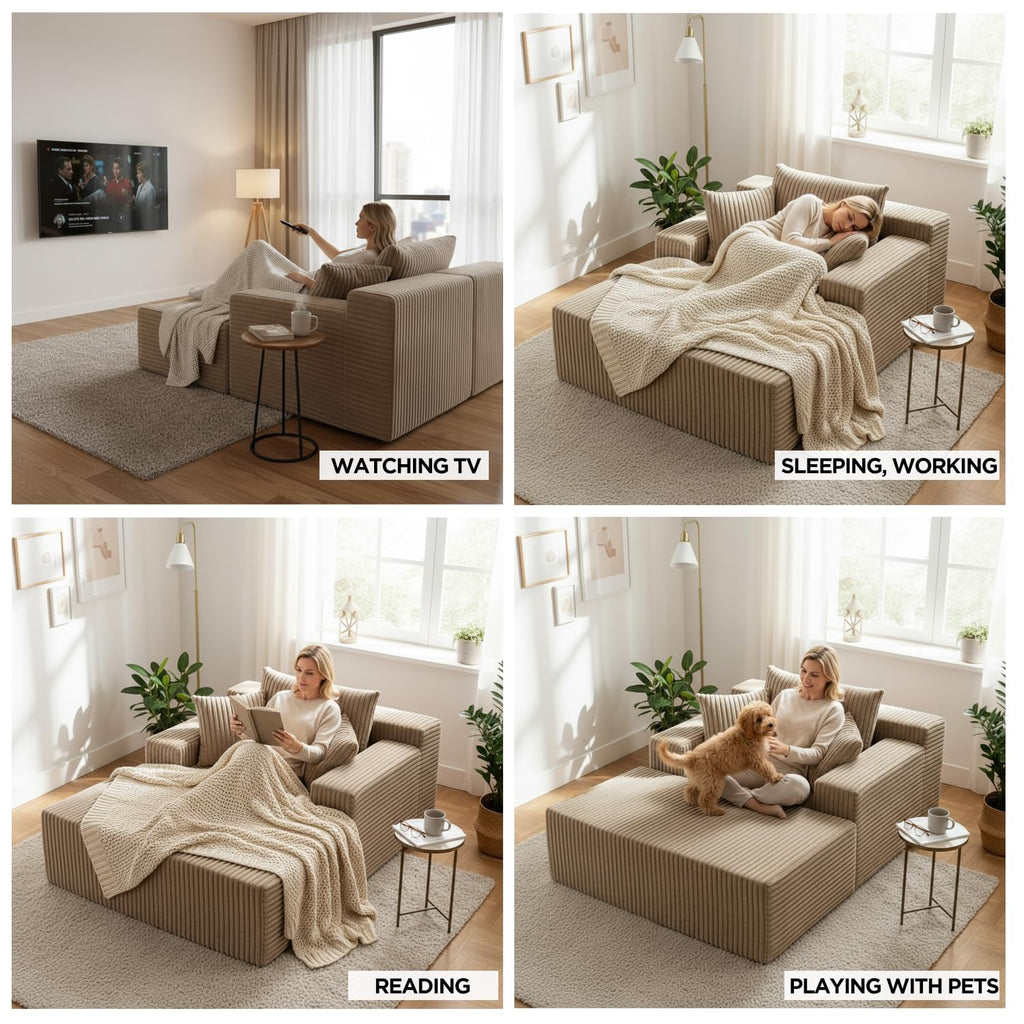 Sytopia Chaise Lounge with Armrests, Oversized Sofa Bed with 3 Pillows, Cozy Couch, Sleeper Reading Chair for Living Room Bedroom, Floor Sofa Corduroy, Furniture Sala, Cashmere Beige