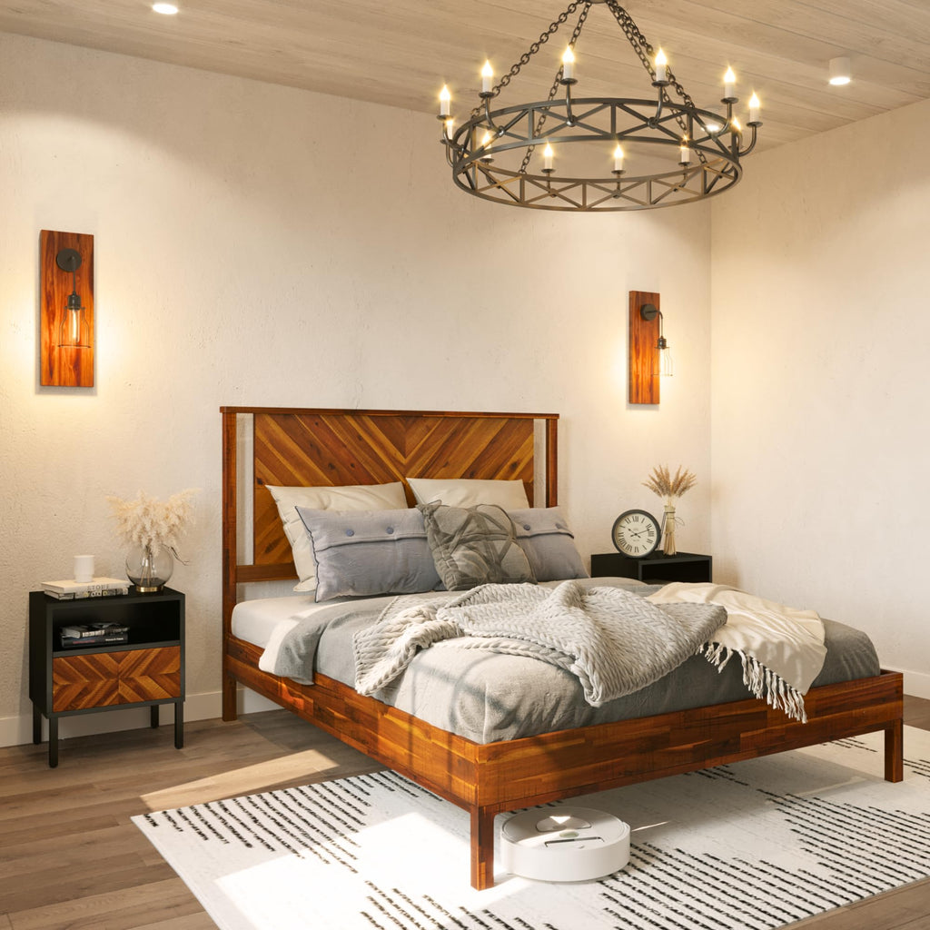 Bme Vivian 14 Inch Deluxe Bed Frame with Headboard, Rustic & Scandinavian Style with Solid Acacia Wood, No Box Spring Needed, 12 Strong Wood Slat Support, Easy Assembly, Queen, Rustic Golden Brown