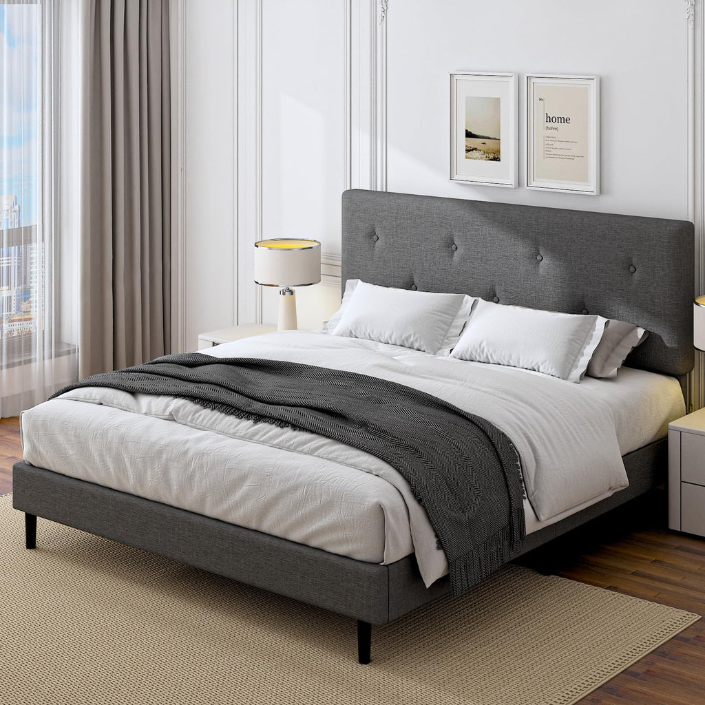 Mxhtcewz King Size Linen Bed Frame, Upholstered Platform Bed Frame with Adjustable Headboard, Wooden Slats Support, No Box Spring Needed, Easy Assembly, Grey