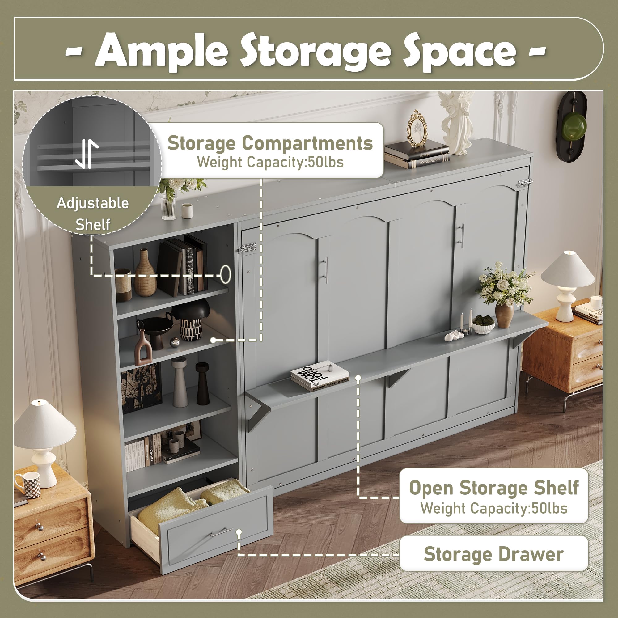 Merax Queen Murphy Bed with 3 Height Adjustable Storage Shelves & 1 Drawer, Wall Bed Frame Multifunctional Foldable Platform Bed for Small Space, Bedroom, Guest Room, Bear 500LBS (Gray)