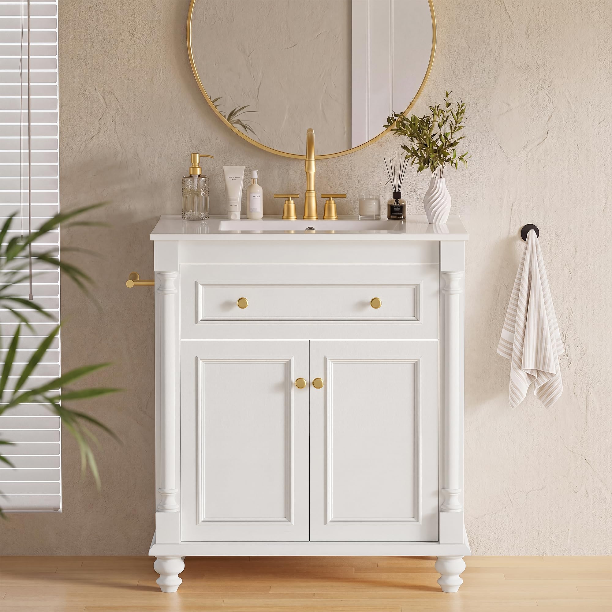 YESHOMY 30" Bathroom Vanity with Sink, Freestanding Bathroom Vanity with Integrated Ceramic Basin, 1 Flip-Down Drawer, 2 Doors & Adjustable Shelf, Bathroom Storage Cabinet with Sink Combo Set, White