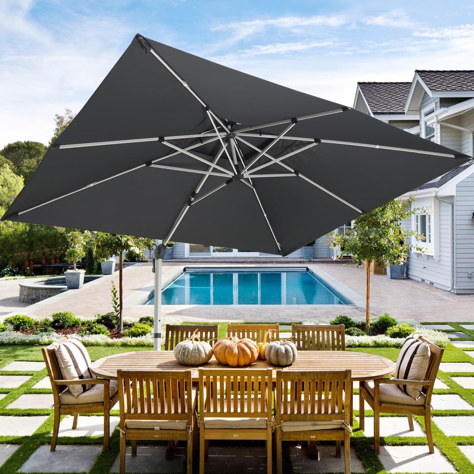 LKINBO 10x13 FT Rectangle Cantilever Umbrella with Cross Base, Heavy Duty Large Patio Umbrella 360 Degree Rotation Outdoor Offset Umbrella with Easy Tilt & Crank for Pool Deck Backyard, Gray