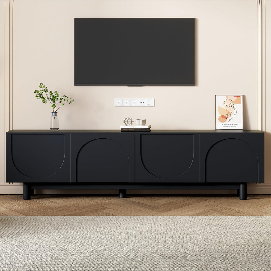 Merax Modern TV Stand with Arch Cabinets, Solid Wood Legs & Adjustable Shelves | Entertainment Center with Cable Management for Living Room, Black