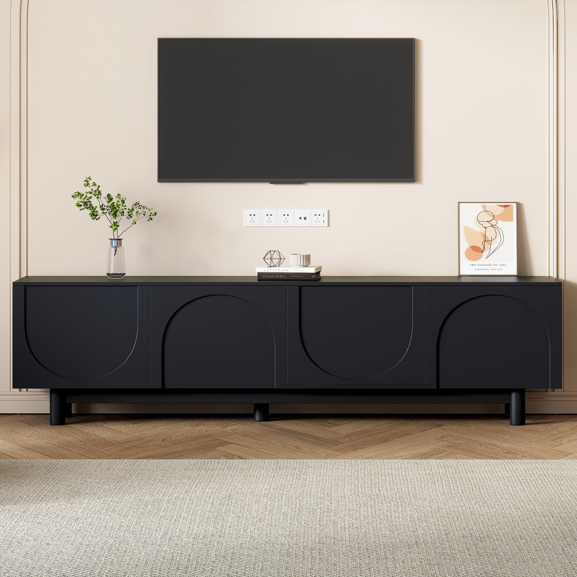 Merax Modern TV Stand with Arch Cabinets, Solid Wood Legs & Adjustable Shelves | Entertainment Center with Cable Management for Living Room, Black