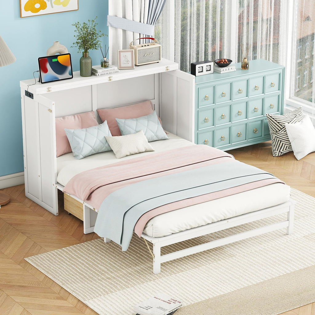PVWIIK Queen Size Murphy Bed with Drawer for Bedroom/Living Room/Small Space,Cabinet Bed Frame/Space Saving Design, No Box Spring Needed,White