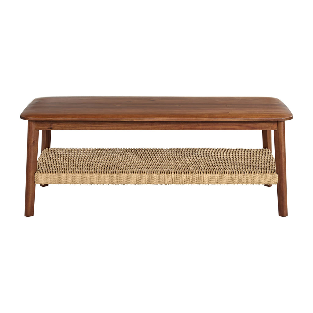 Alaterre Furniture Calais 48 Inch Rectangular Solid Wood Coffee Table with Woven Storage Shelf – Mid Century Modern 2-Tier Living Room Table (Chestnut)