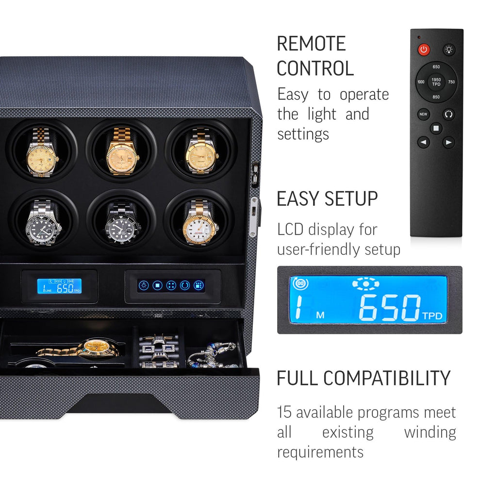 6 Watch Winder with LED Light, LCD Display and Storage Drawer (Carbon)