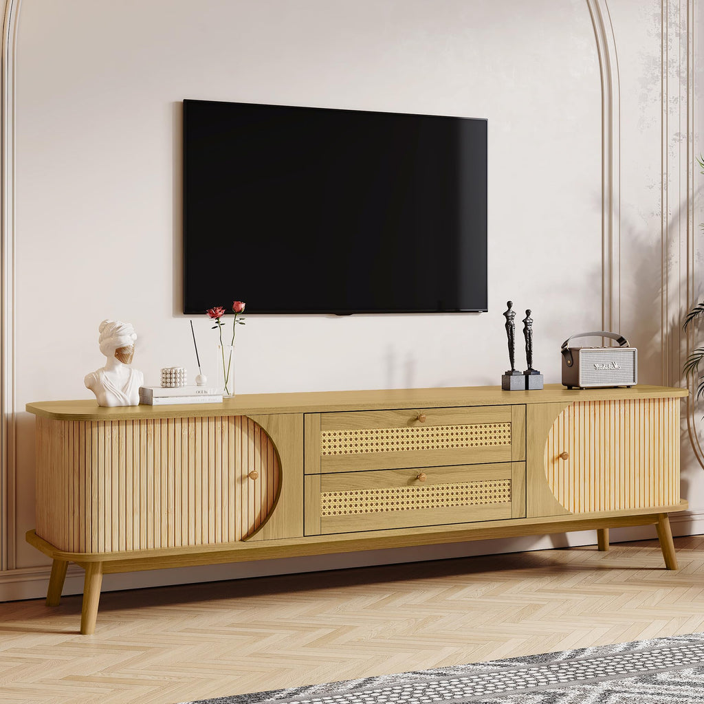 Merax Rattan TV Stand for TVs up to 75", Modern Farmhouse Media Console with Multi-Functional Storage, Boho Entertainment Center with Solid Wood Legs, Television Cabinet for Living Room, Natural+Wood
