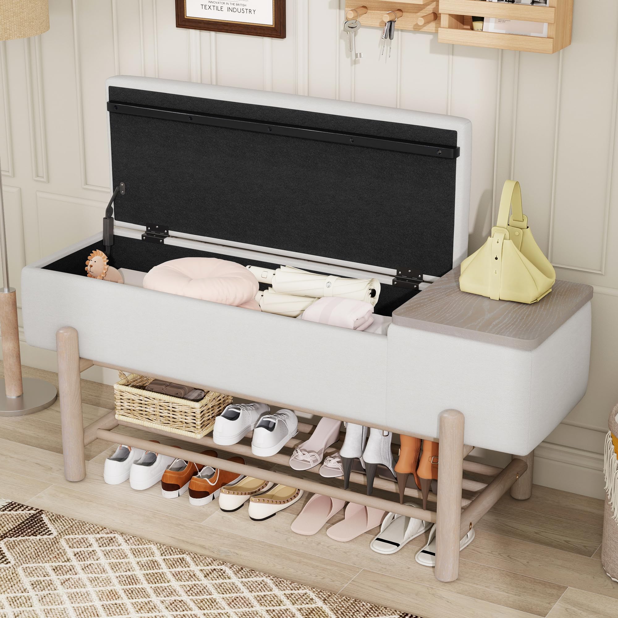 GDFStudio 47.2" Modern Upholstered Shoe Storage Bench with Hidden Compartment and Shoe Rack, Wood Entryway Shoe Organizer Cabinet with Cushion for Bedroom Living Room Hallway, Natural