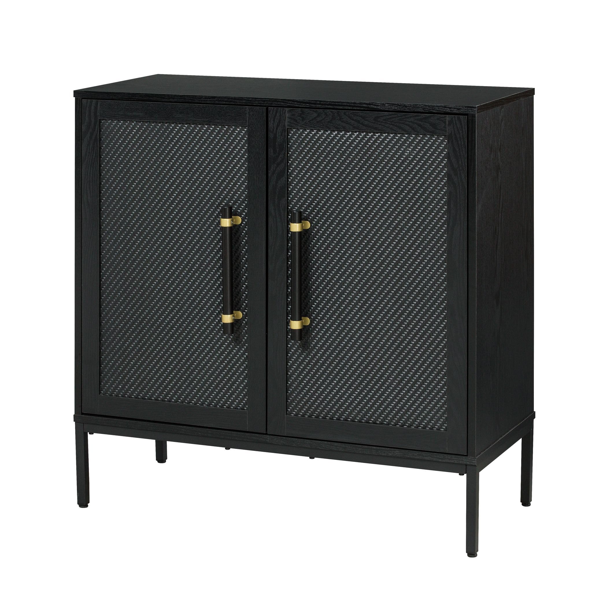 Hopper Studio Sophia 2-Door Accent Cabinet, Black Finish with Rattan Doors & Wood/Brass Handles, Adjustable Shelf, Aluminum Legs, Mid-Century Modern Storage for Luxury Living Room, Kitchen, Entryway