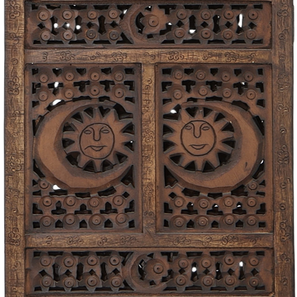 Hand Carved Sun and Moon Design Foldable 4 Panel Wooden Room Divider, Decorative Privacy Screen, Rustic Home Partition Decor