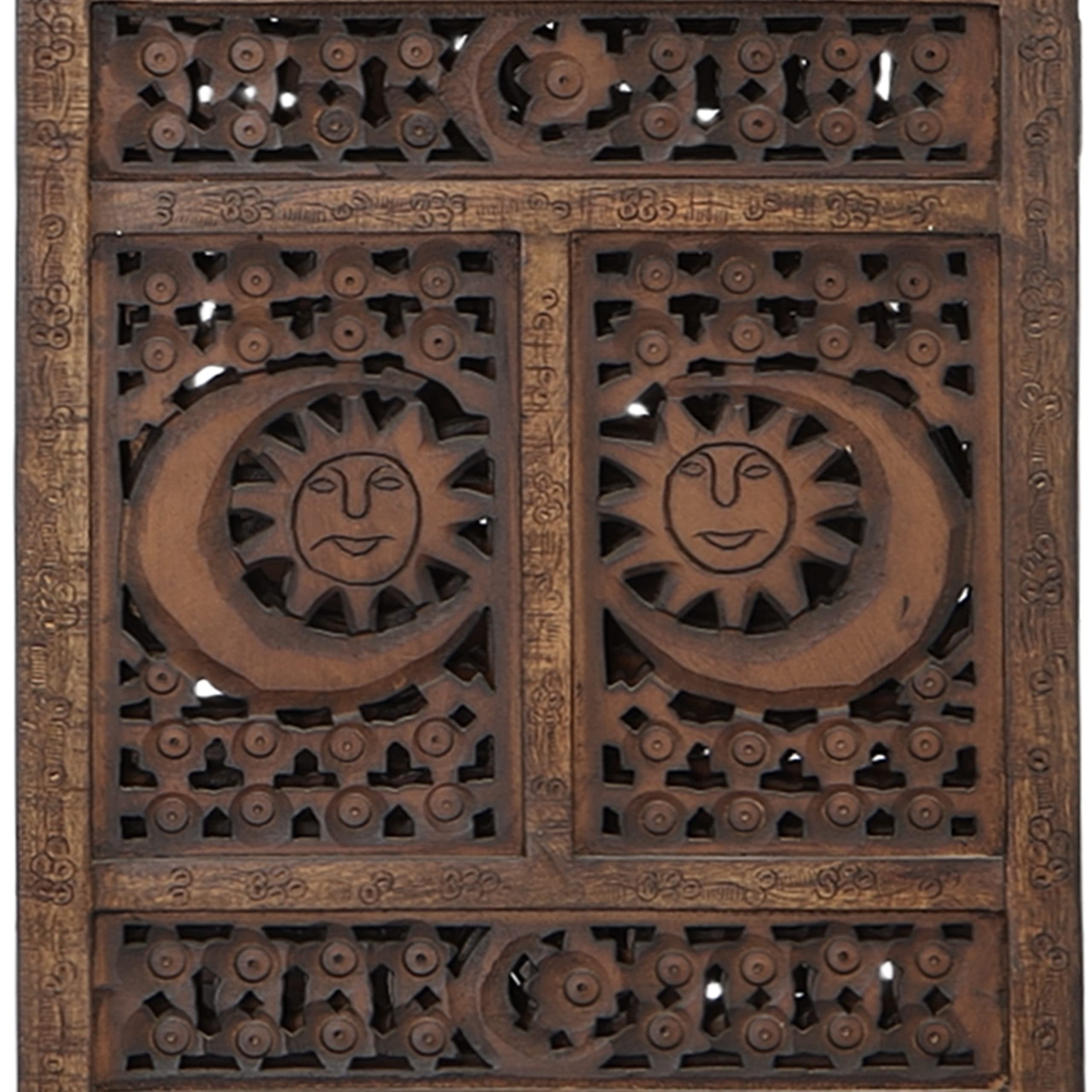 Hand Carved Sun and Moon Design Foldable 4 Panel Wooden Room Divider, Decorative Privacy Screen, Rustic Home Partition Decor