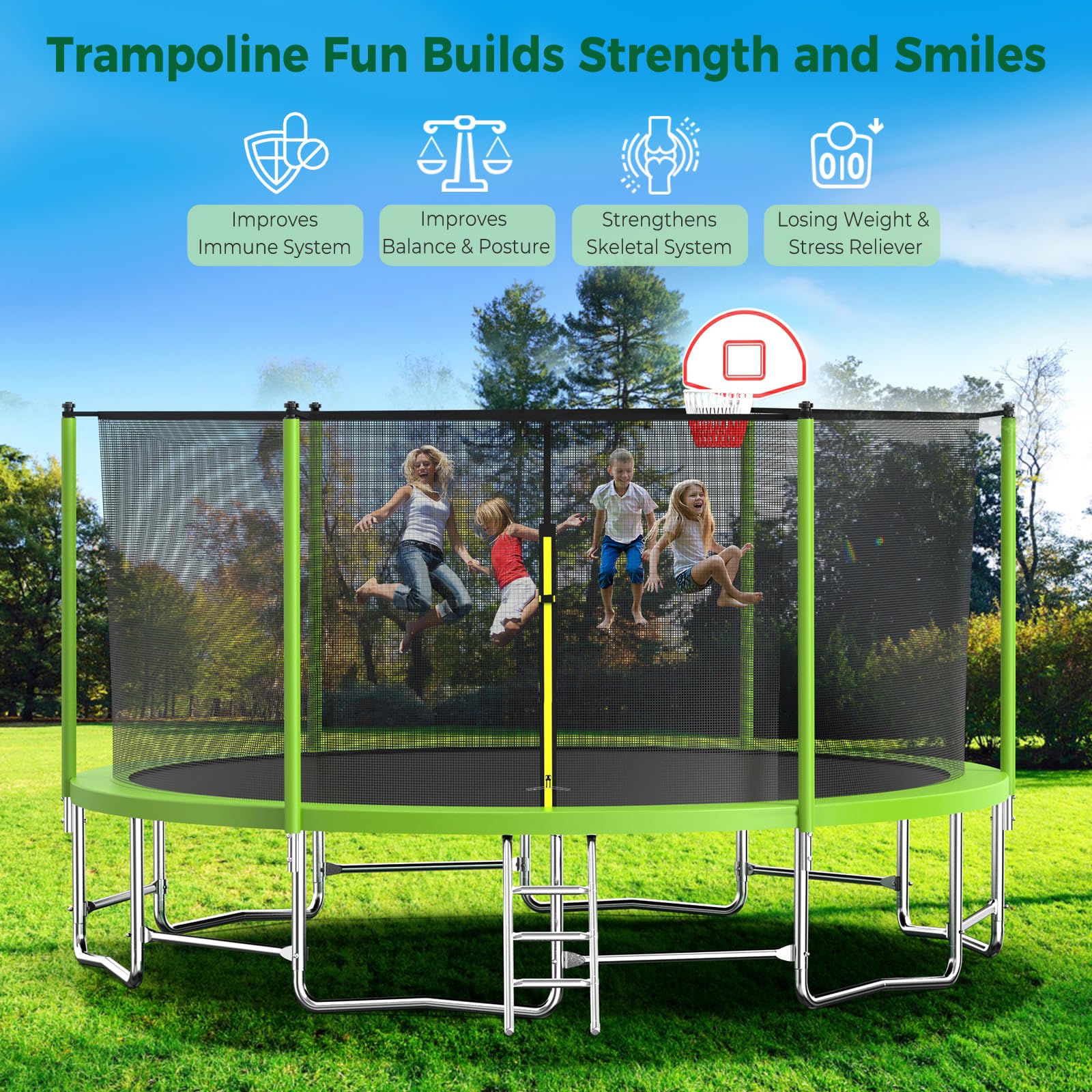 Tatub Upgrade 16FT Trampoline for Kids and Adults, Outdoor Recreational Trampolines with Basketball Hoop & Enclosure Net, Green