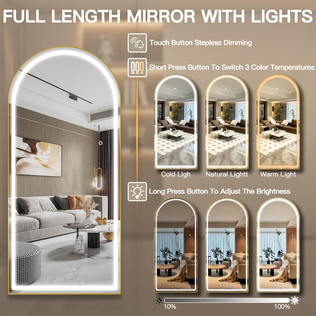 FENNIO 70" x 32" LED Full Body Mirror, Arched Wall Mounted Hanging Mirror with Lights for Bedroom, Salon, 3 Color Lighting, Tempered Glass, Brushed Aluminum Frame