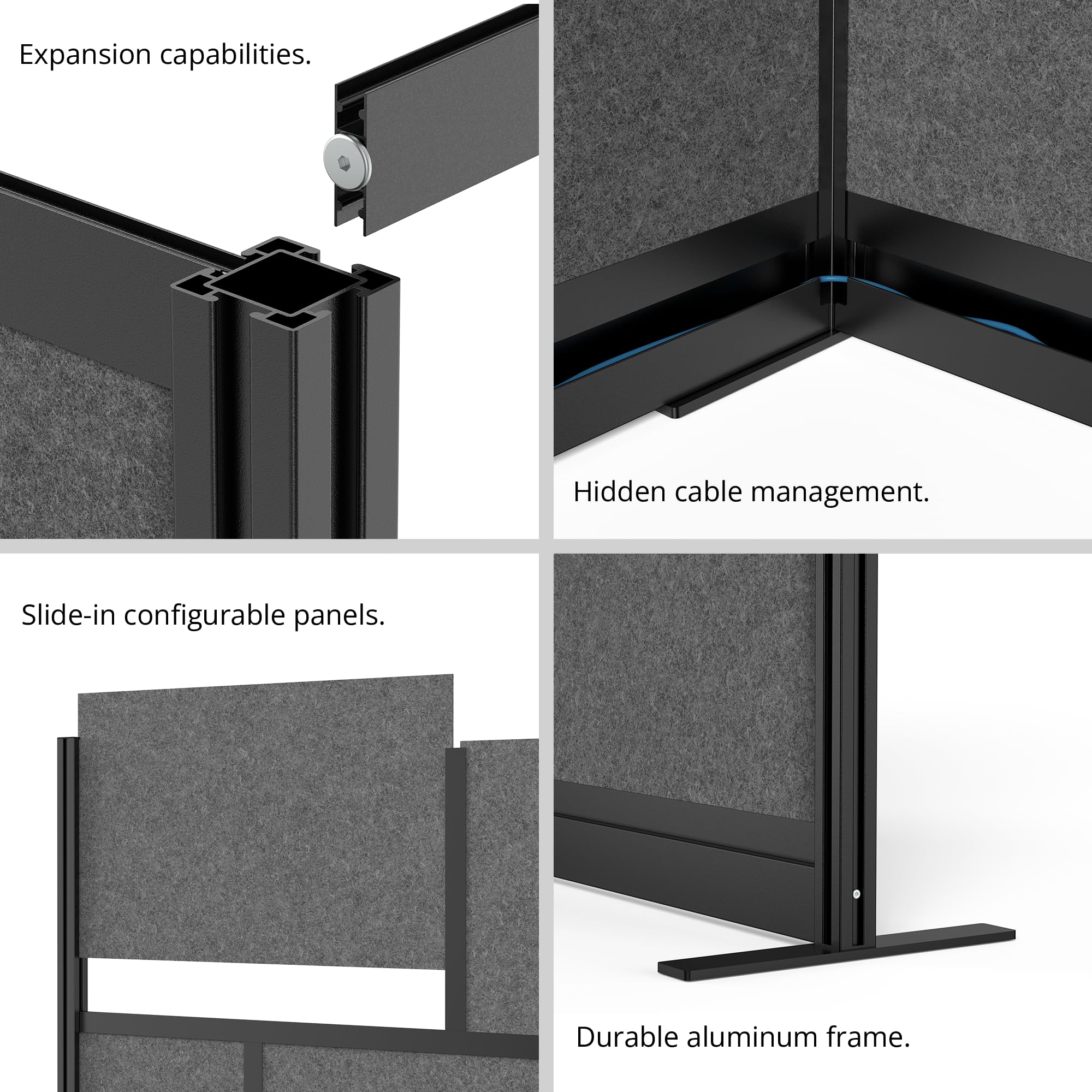 Stand Up Desk Store Expanse Modular Wall | 70'' x 48'' Wall | Expandable Partition Room Divider with Rearrangeable Frosted Acrylic & Sound Absorbent Wide Panels (Black Frame)