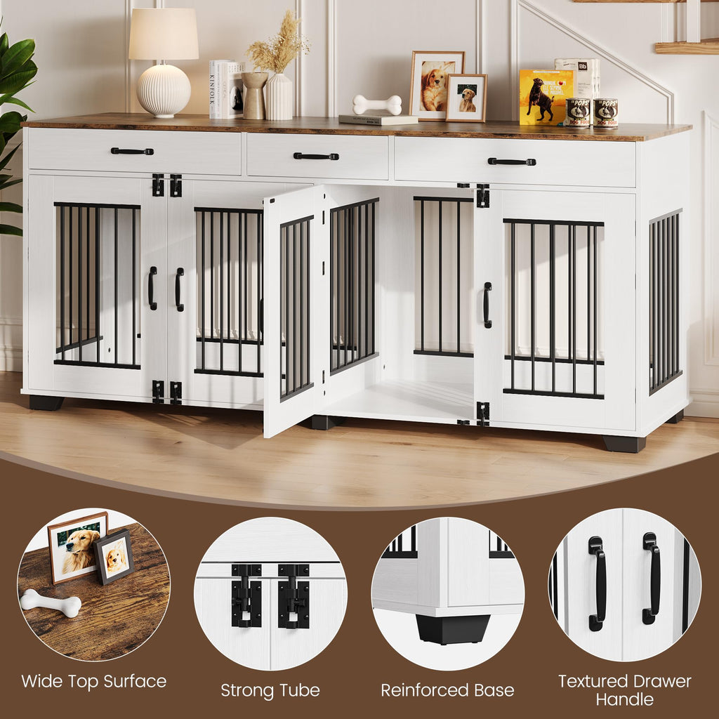Garvee 71" Dog Crate Furniture for 2 Dogs, Heavy Duty Indoor Dog Kennel TV Stand, XL Wooden Dog Cage with Divider for Medium Large Dogs, End Table Dog Crate