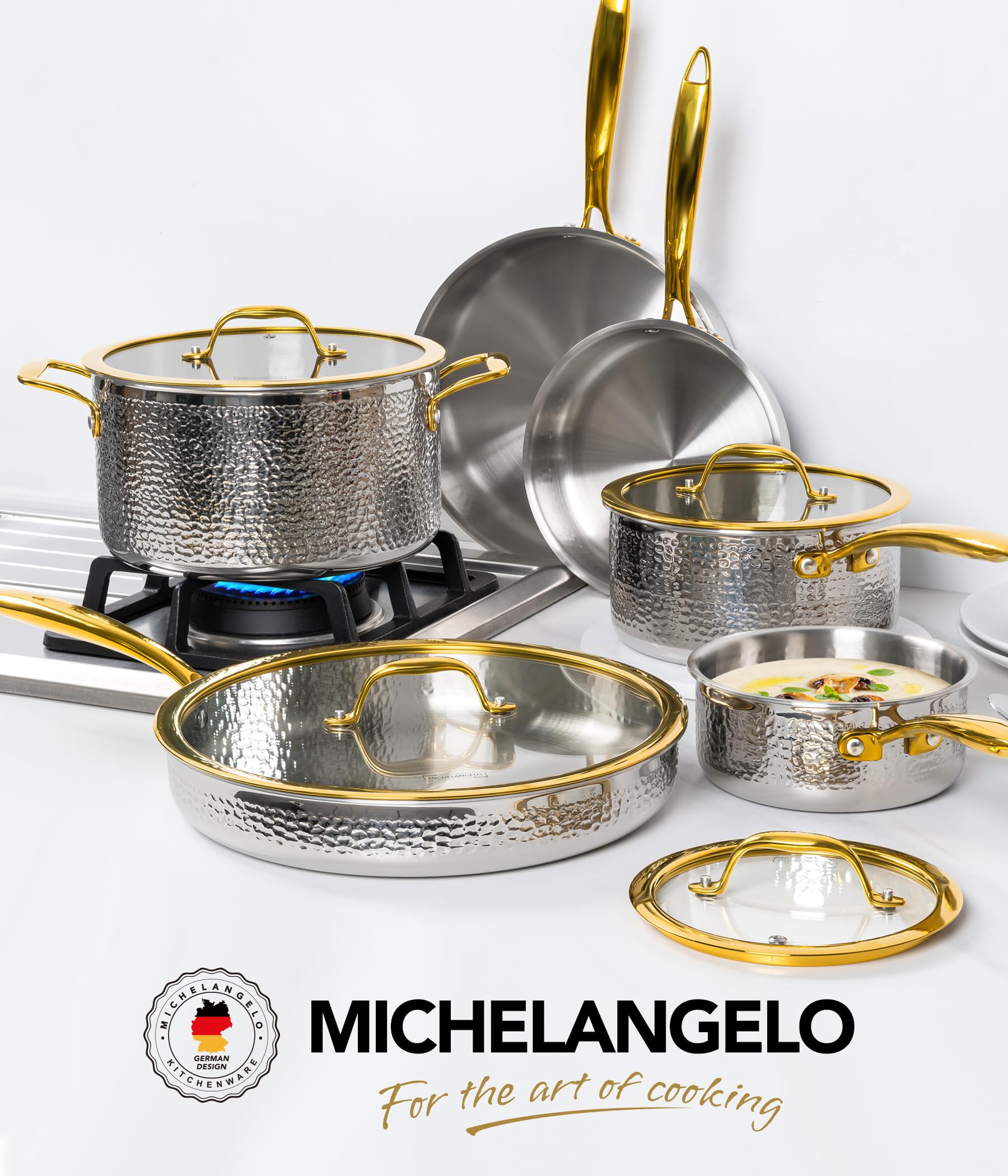 Michelangelo Triply Stainless Steel Pots and Pans Set, 10-Piece Hammered Stainless Steel Cookware Set with Golden Handle, Premium Induction Kitchen Cookware, Oven Safe