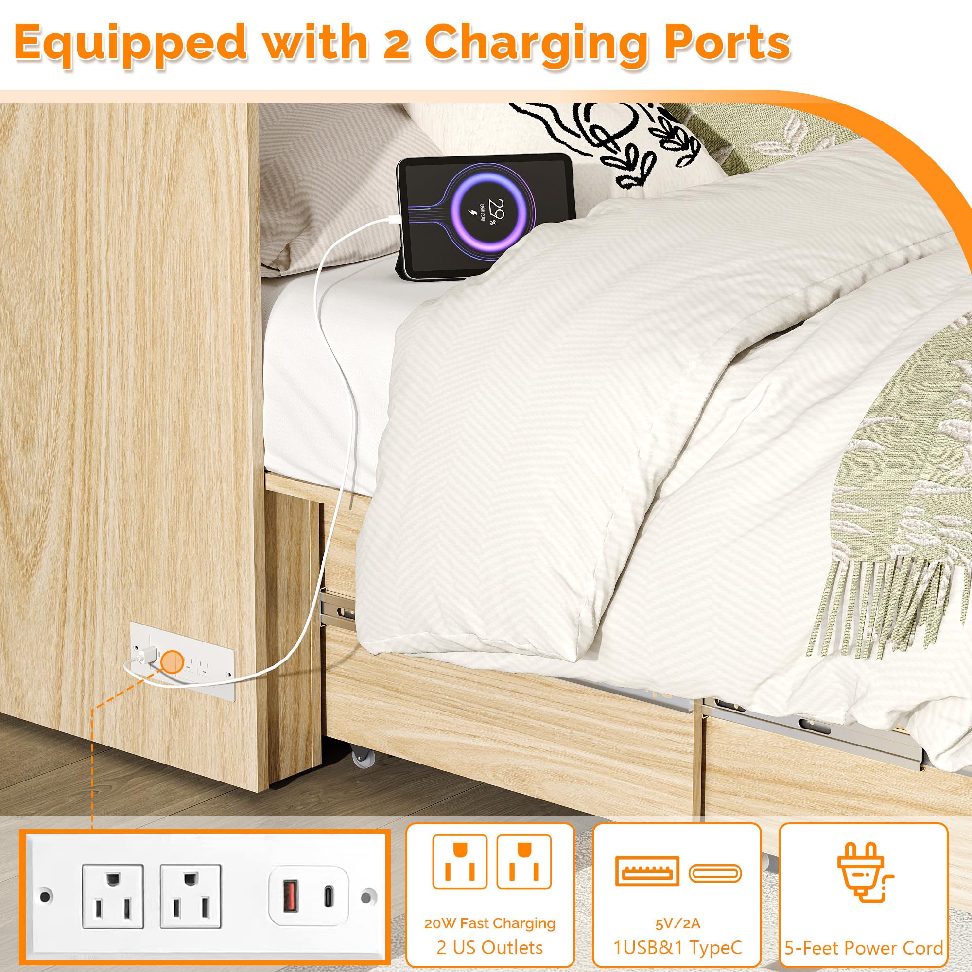 VINGLI Full Size Rattan Murphy Bed with Storage Drawer,2 Charging Station, Boho,Hideaway Paltform Panel Bed for Small Spaces,Guest Room,Office,Apartment, Space-Saving Cabinet Bed,Oak White