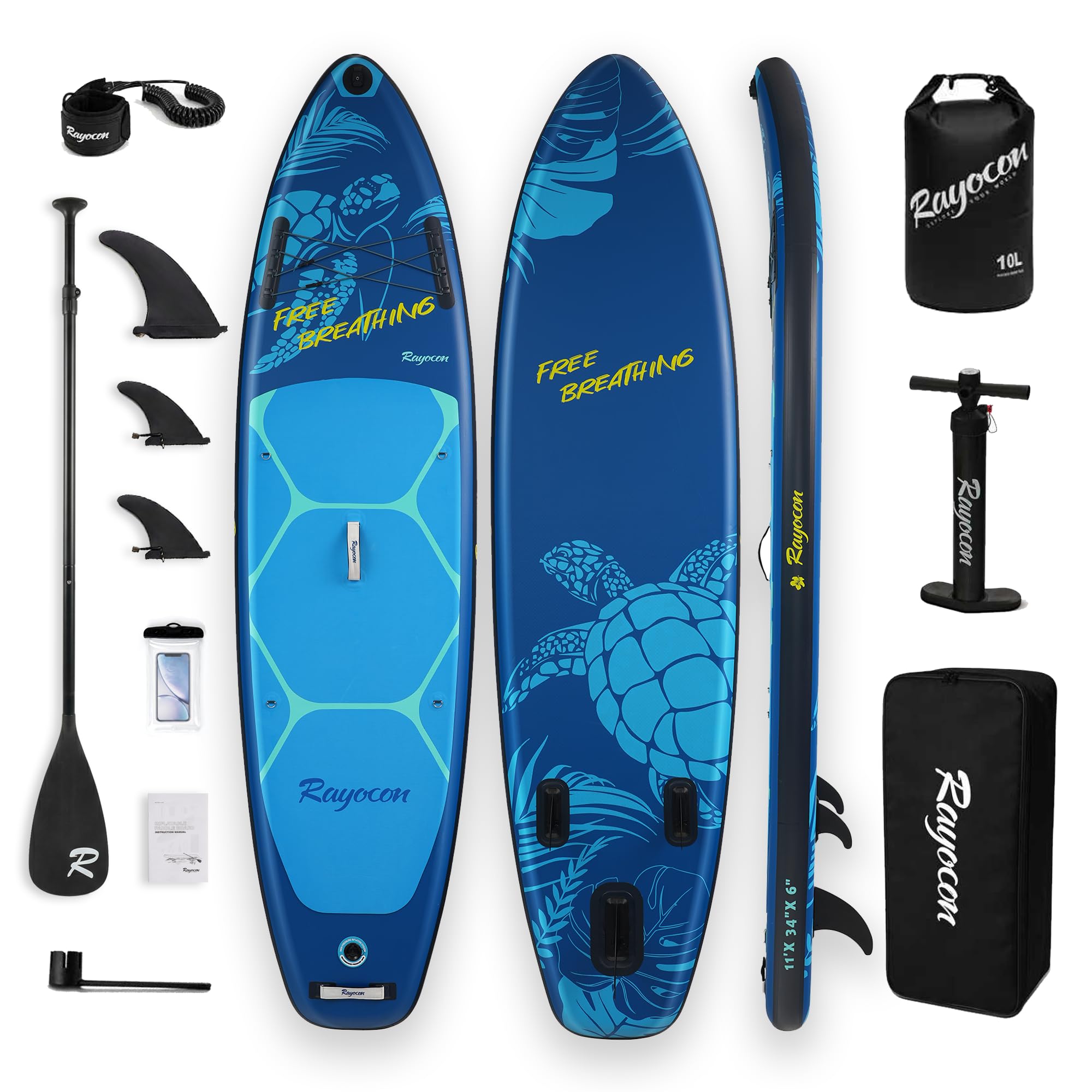 Inflatable Stand Up Paddle Board 11'×34" Extra Wide SUP, Ultra-Stable for Adults & Dog, 450lbs, Dual Chamber Pump, Fiberglass Paddle, Military Grade Dual Layer, Sea Turtle Guardian Design Deep Blue