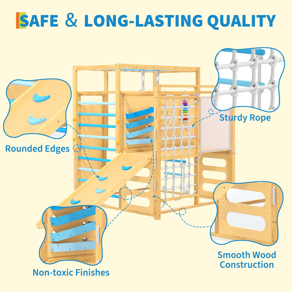 Jungle Gym with Slide, Rock Wall, Wood ＆ Rope Ladder, Monkey Bars, Gym Rings