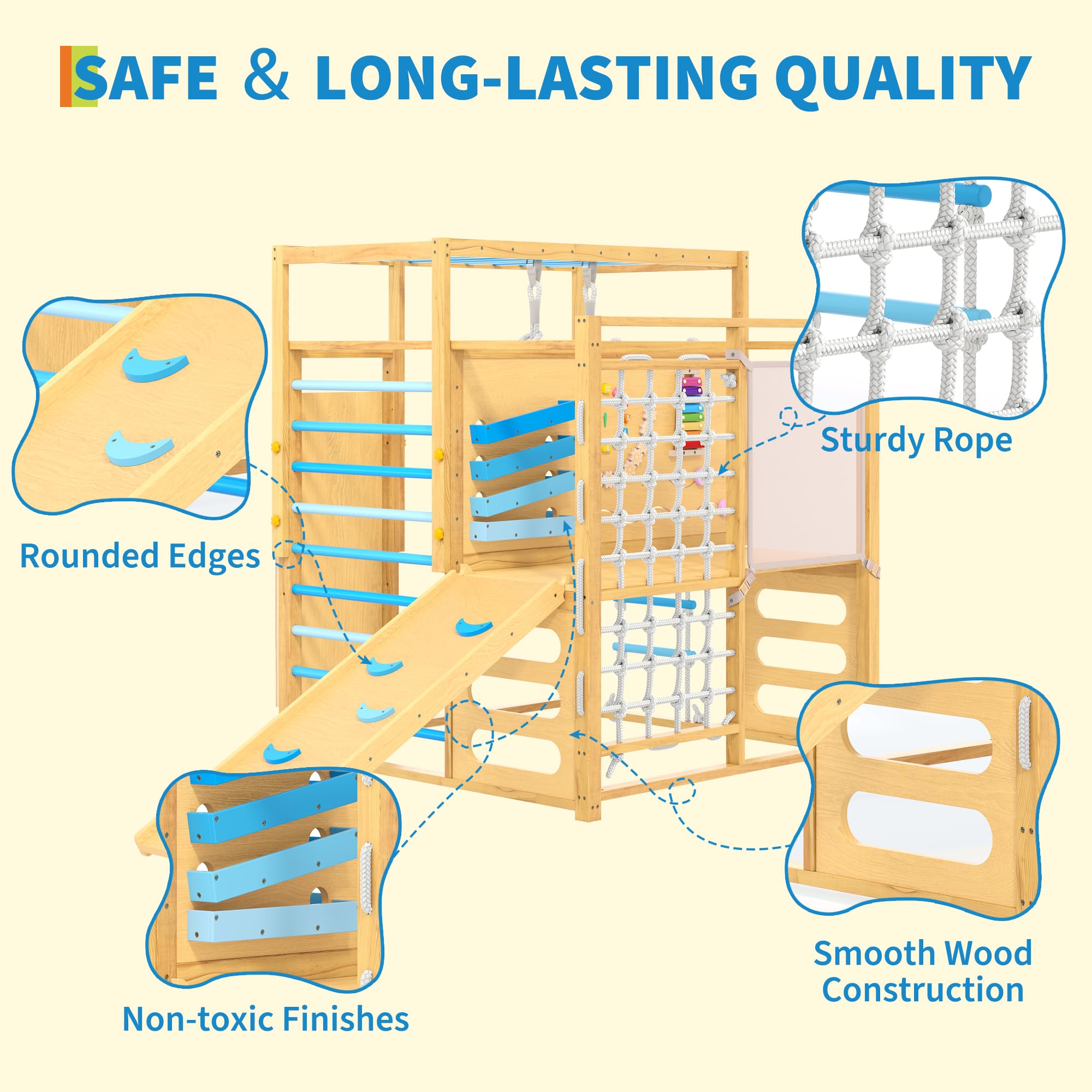 Garvee 9-in-1 Indoor Jungle Gym, Montessori Wooden Indoor Playground for Kids 2-8, Wooden Climbing Structure with Slide, Monkey Bars, Rope Ladder, Rock Wall, Climbing Net, Rings - Natural Wood Blue