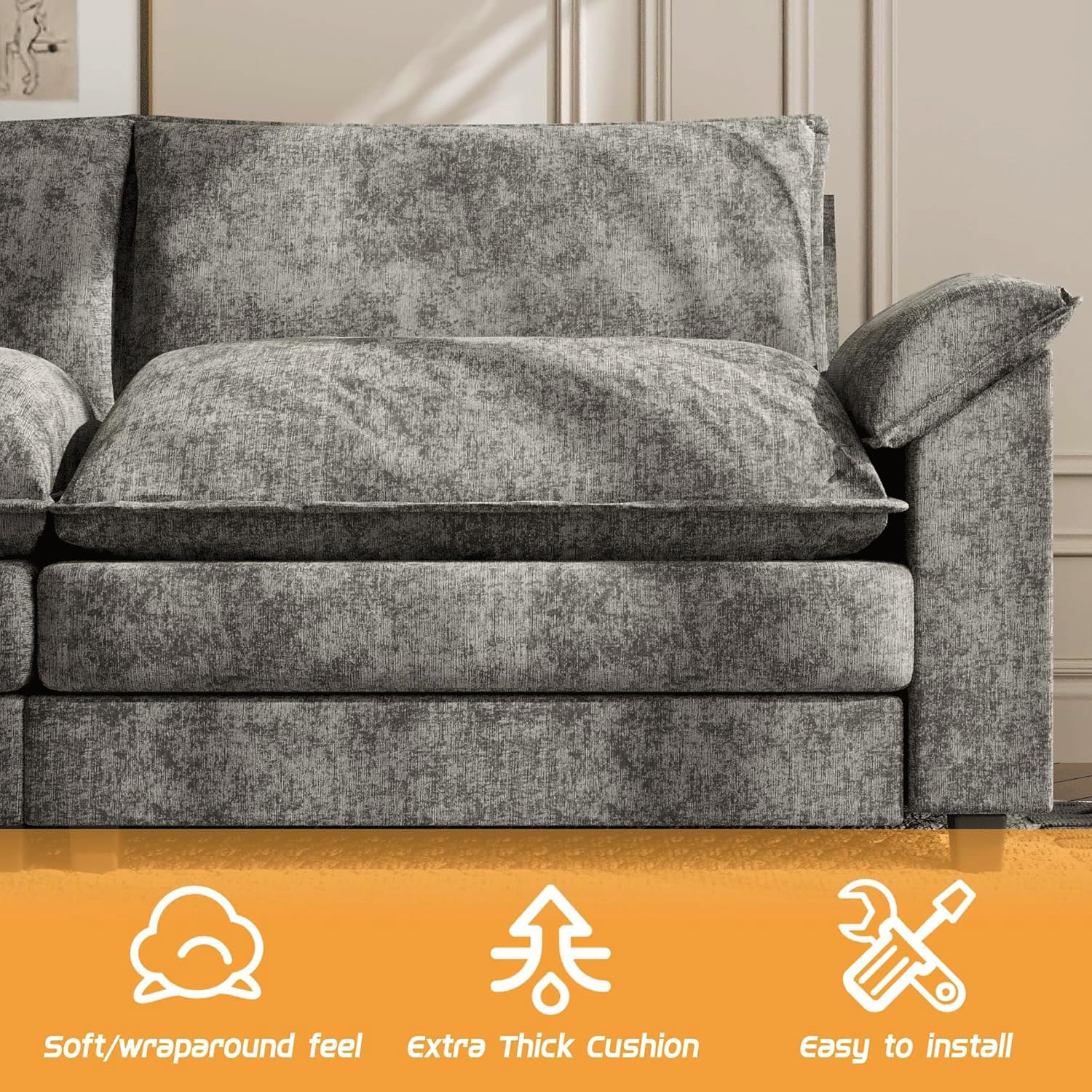 Shahoo Sectional Modular Sofa U Shaped Chenille Fabric Couch with High Supportive & Soft Sponges and Removable Ottoman, Sleeper Comfy Upholstered Furniture for Living Room, Dark Grey