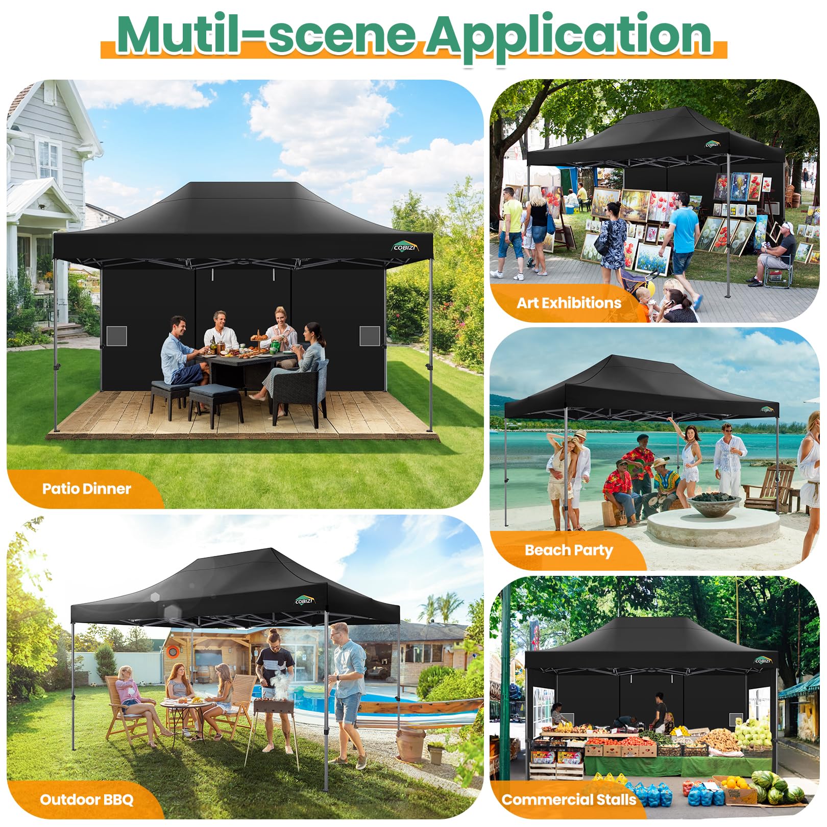 COBIZI 10x15 Heavy Duty Pop up Canopy Tent with 4 sidewalls Commercial Outdoor Canopy Wedding Party Tents for Wedding All Season Wind & Waterproof Gazebo with Carry Bag, Black(Frame Thickened)