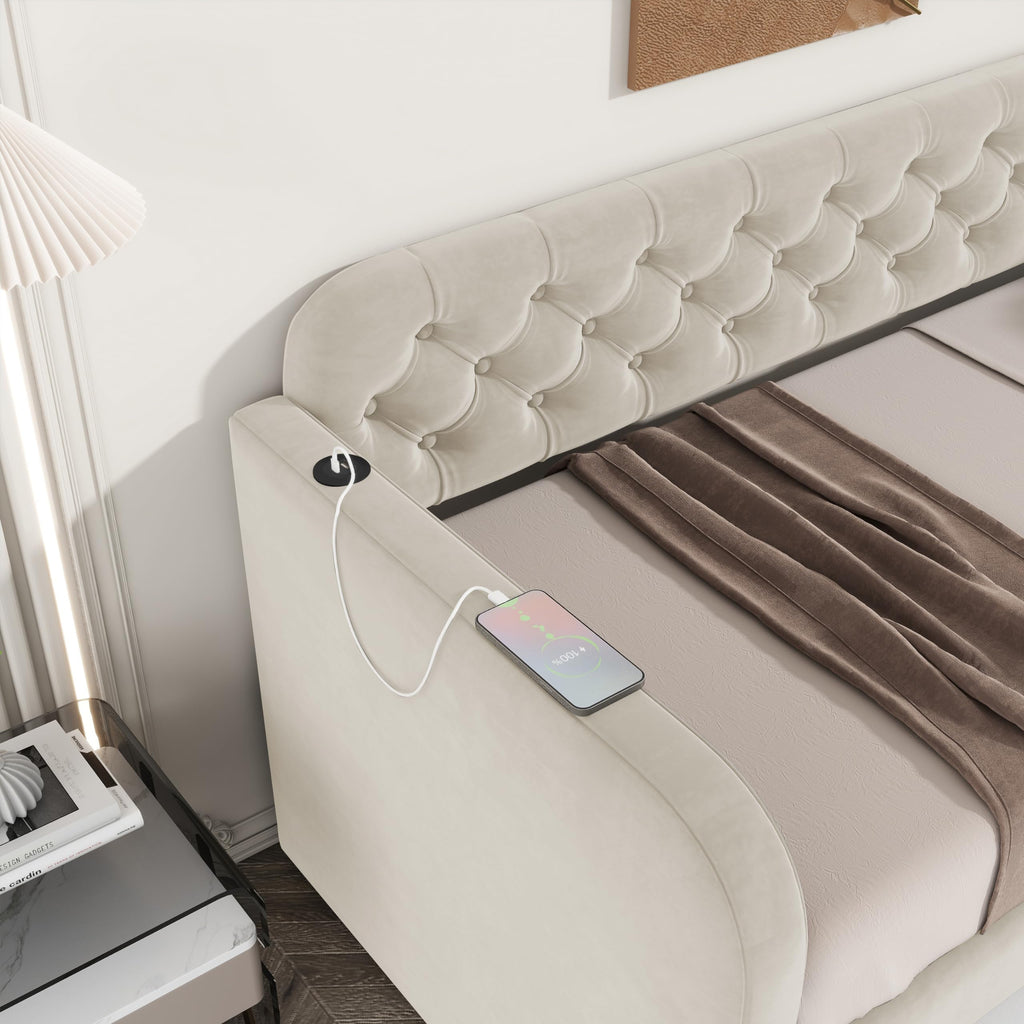 KEIKI Twin Upholstered Daybed with Trundle & USB Charging, Plush Velvet Button-Tufted Headboard Twin Bed Frame with Wood Slats, Sofa Bed for Living Room or Bedroom, Light Beige